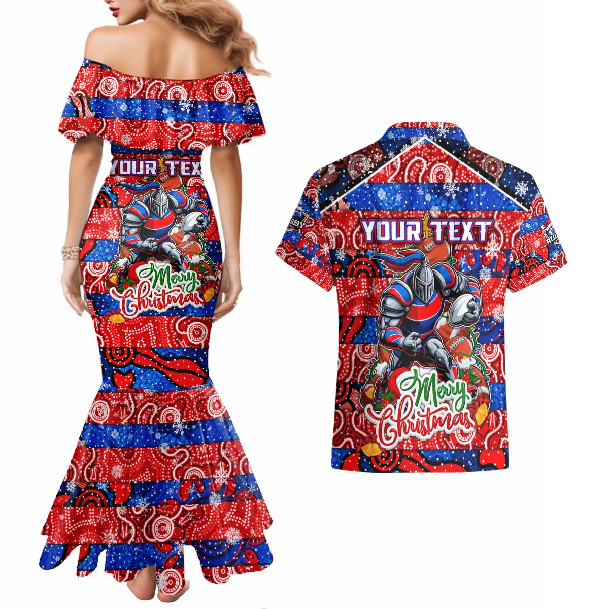Custom Knights Rugby Merry Christmas Couples Matching Mermaid Dress and Hawaiian Shirt Indigenous Australian Art
