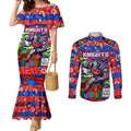 Custom Knights Rugby Merry Christmas Couples Matching Mermaid Dress and Long Sleeve Button Shirt Indigenous Australian Art