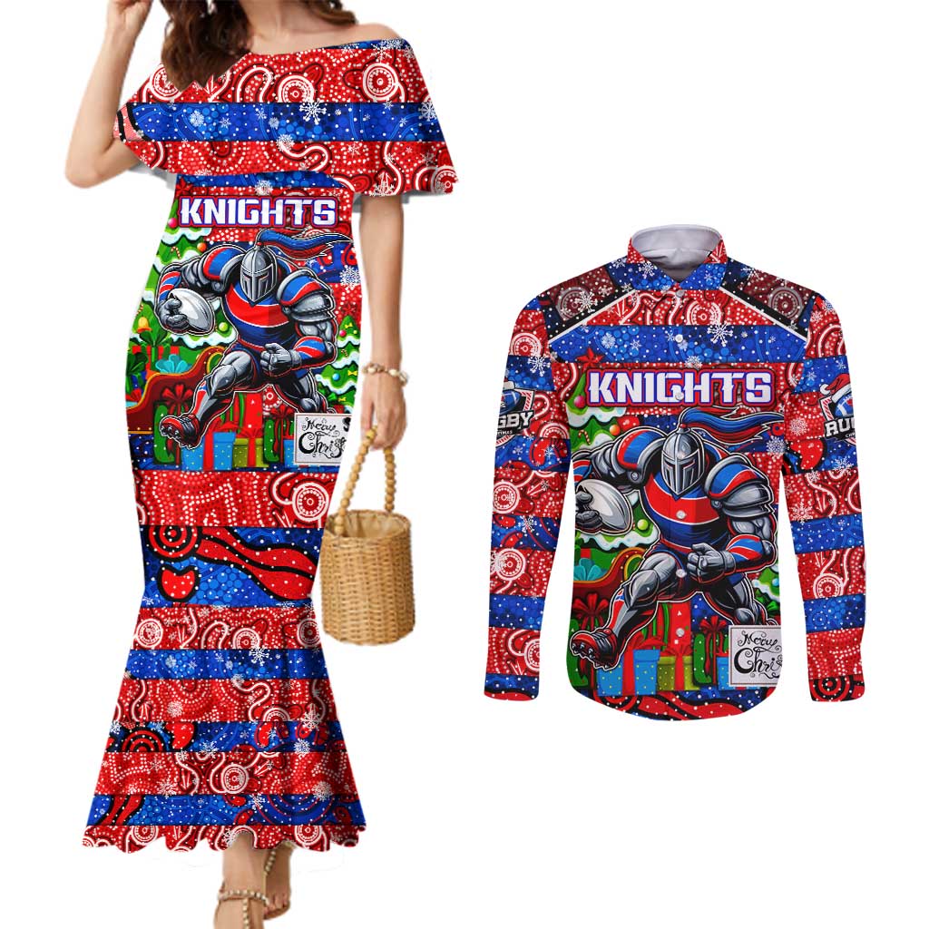 Custom Knights Rugby Merry Christmas Couples Matching Mermaid Dress and Long Sleeve Button Shirt Indigenous Australian Art