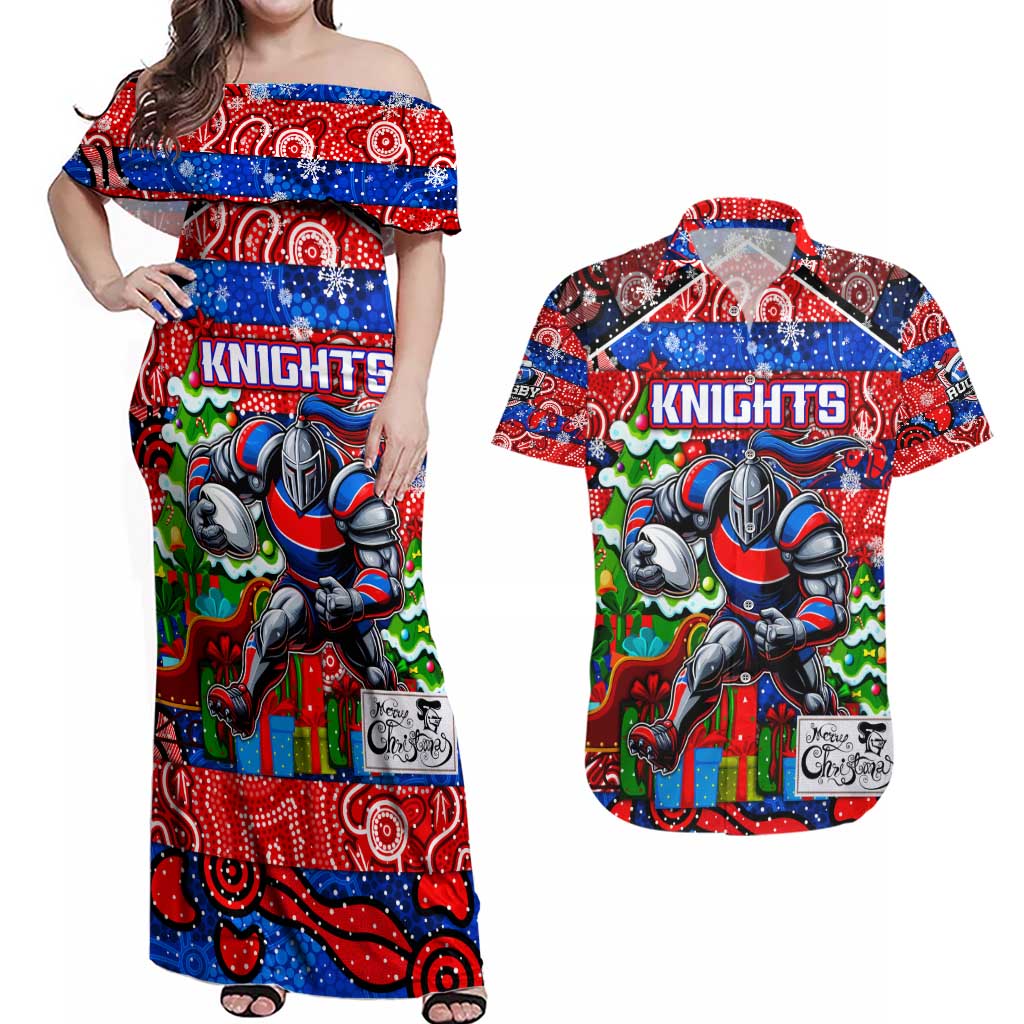 Custom Knights Rugby Merry Christmas Couples Matching Off Shoulder Maxi Dress and Hawaiian Shirt Indigenous Australian Art