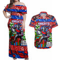 Custom Knights Rugby Merry Christmas Couples Matching Off Shoulder Maxi Dress and Hawaiian Shirt Indigenous Australian Art