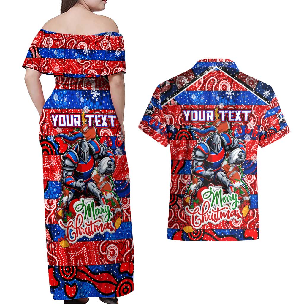 Custom Knights Rugby Merry Christmas Couples Matching Off Shoulder Maxi Dress and Hawaiian Shirt Indigenous Australian Art