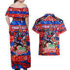 Custom Knights Rugby Merry Christmas Couples Matching Off Shoulder Maxi Dress and Hawaiian Shirt Indigenous Australian Art