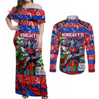 Custom Knights Rugby Merry Christmas Couples Matching Off Shoulder Maxi Dress and Long Sleeve Button Shirt Indigenous Australian Art