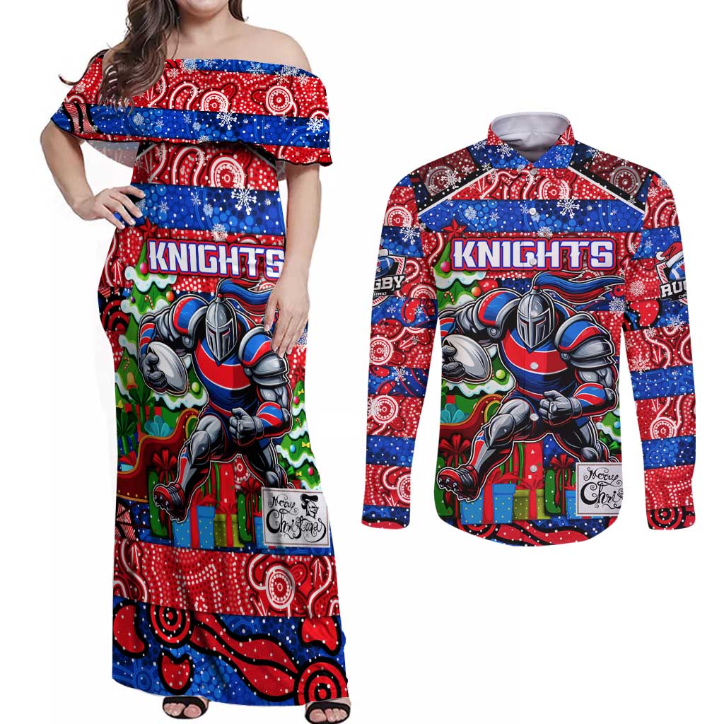 Custom Knights Rugby Merry Christmas Couples Matching Off Shoulder Maxi Dress and Long Sleeve Button Shirt Indigenous Australian Art