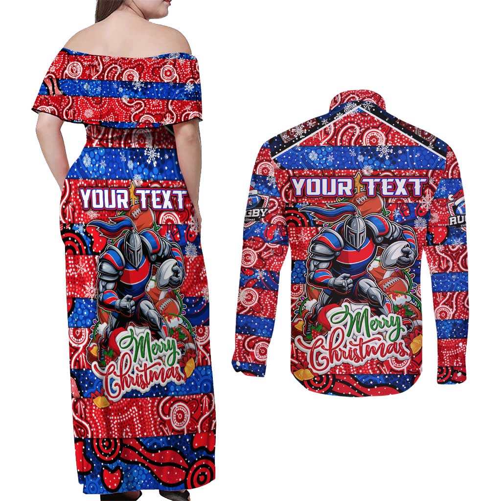 Custom Knights Rugby Merry Christmas Couples Matching Off Shoulder Maxi Dress and Long Sleeve Button Shirt Indigenous Australian Art