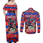 Custom Knights Rugby Merry Christmas Couples Matching Off Shoulder Maxi Dress and Long Sleeve Button Shirt Indigenous Australian Art