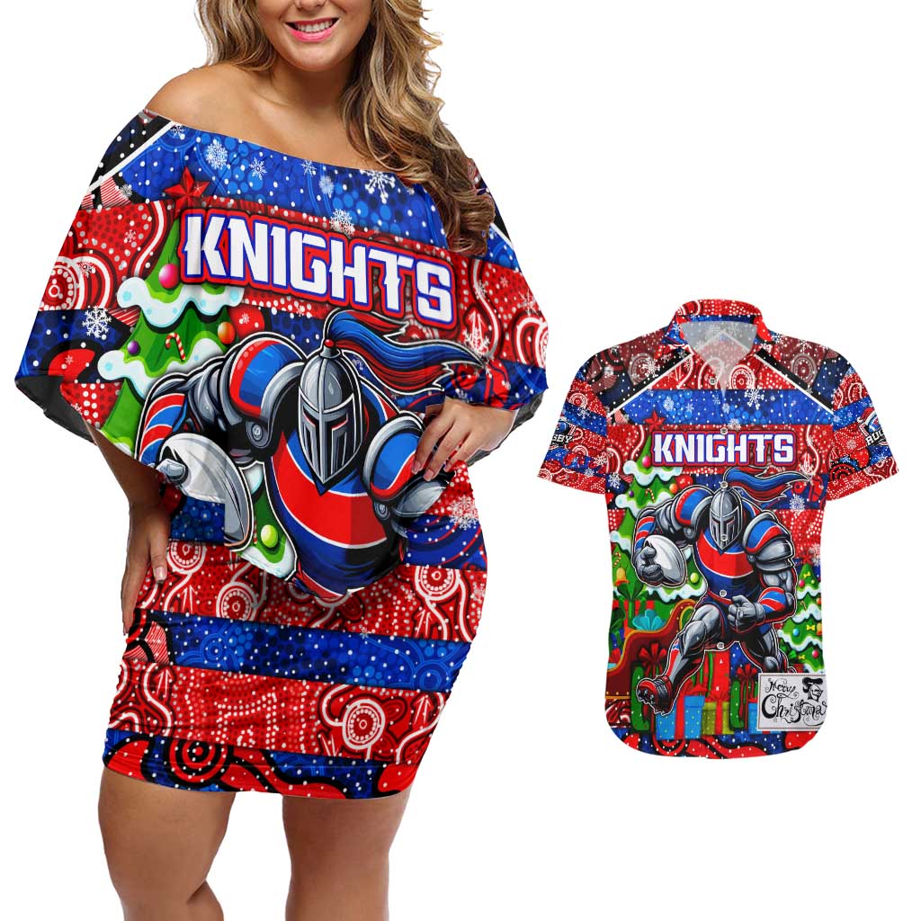 Custom Knights Rugby Merry Christmas Couples Matching Off Shoulder Short Dress and Hawaiian Shirt Indigenous Australian Art