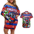Custom Knights Rugby Merry Christmas Couples Matching Off Shoulder Short Dress and Hawaiian Shirt Indigenous Australian Art