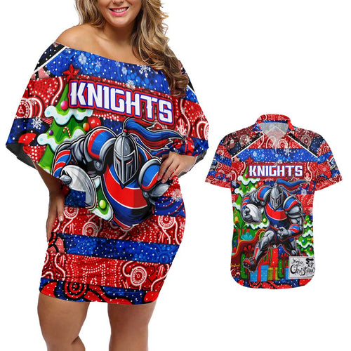 Custom Knights Rugby Merry Christmas Couples Matching Off Shoulder Short Dress and Hawaiian Shirt Indigenous Australian Art