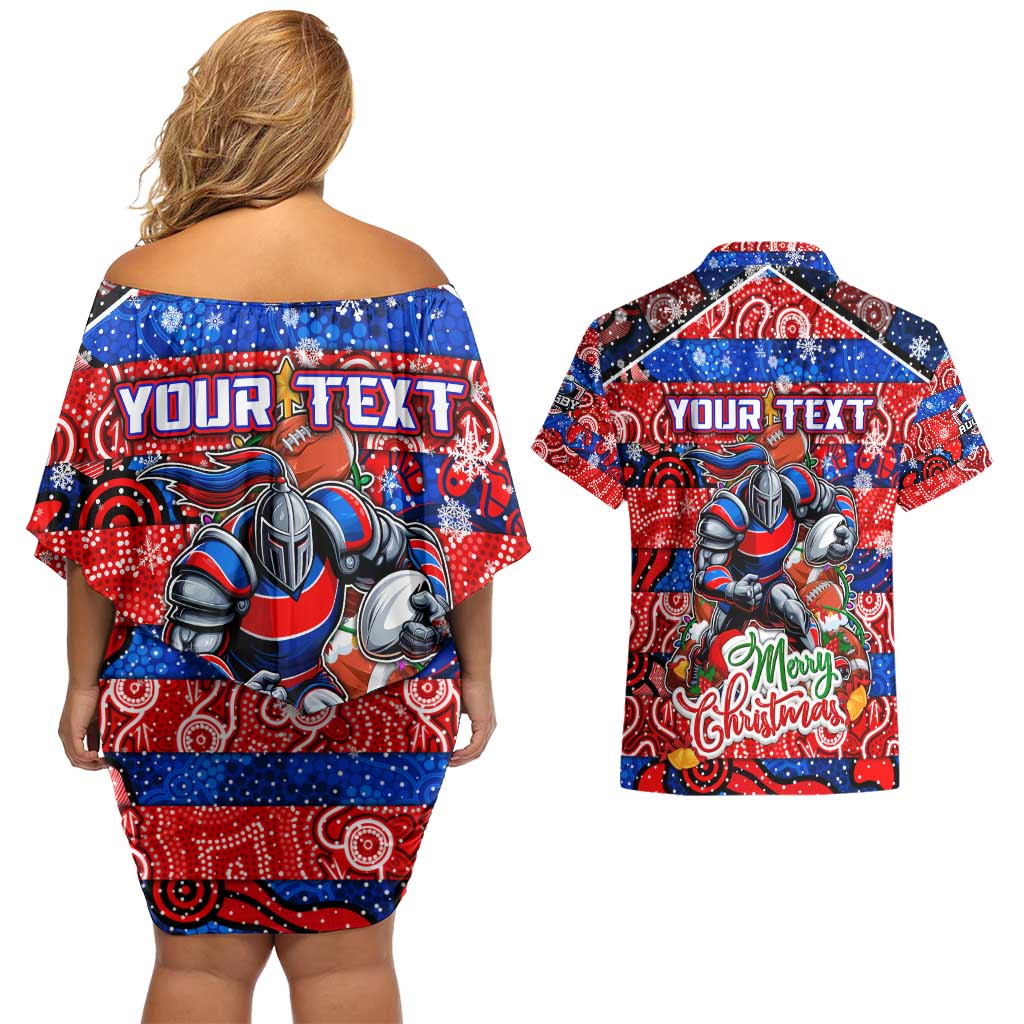 Custom Knights Rugby Merry Christmas Couples Matching Off Shoulder Short Dress and Hawaiian Shirt Indigenous Australian Art