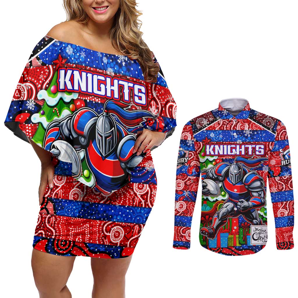Custom Knights Rugby Merry Christmas Couples Matching Off Shoulder Short Dress and Long Sleeve Button Shirt Indigenous Australian Art