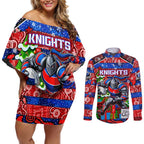 Custom Knights Rugby Merry Christmas Couples Matching Off Shoulder Short Dress and Long Sleeve Button Shirt Indigenous Australian Art