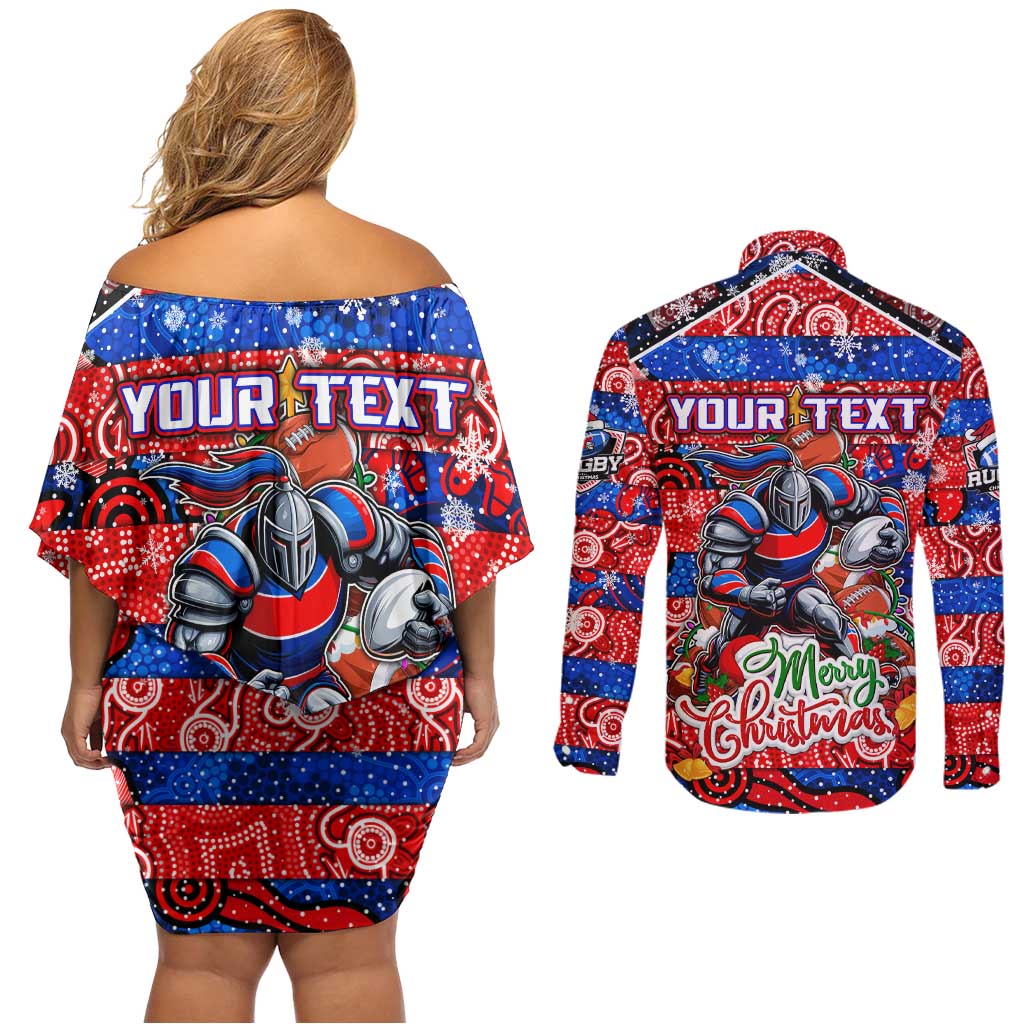Custom Knights Rugby Merry Christmas Couples Matching Off Shoulder Short Dress and Long Sleeve Button Shirt Indigenous Australian Art