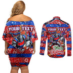 Custom Knights Rugby Merry Christmas Couples Matching Off Shoulder Short Dress and Long Sleeve Button Shirt Indigenous Australian Art
