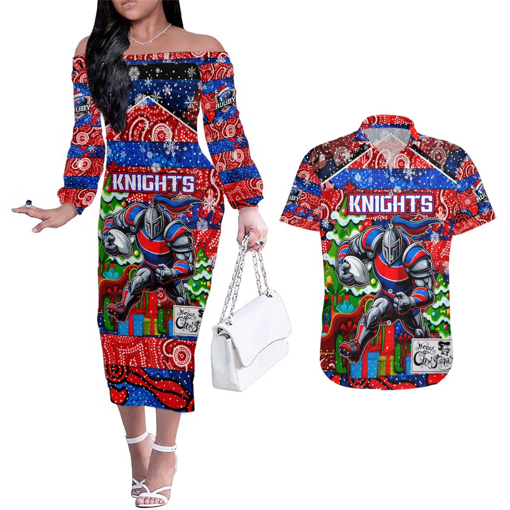 Custom Knights Rugby Merry Christmas Couples Matching Off The Shoulder Long Sleeve Dress and Hawaiian Shirt Indigenous Australian Art