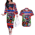 Custom Knights Rugby Merry Christmas Couples Matching Off The Shoulder Long Sleeve Dress and Hawaiian Shirt Indigenous Australian Art