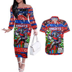 Custom Knights Rugby Merry Christmas Couples Matching Off The Shoulder Long Sleeve Dress and Hawaiian Shirt Indigenous Australian Art
