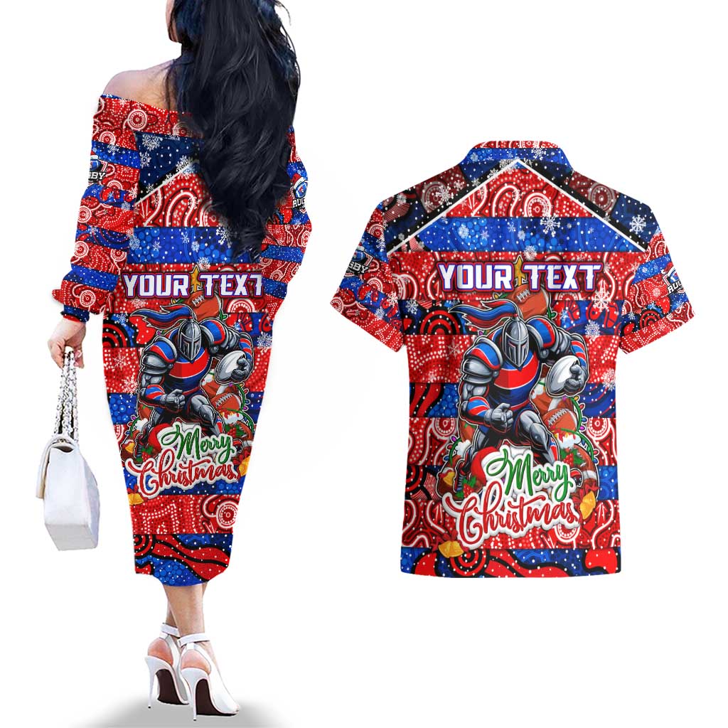 Custom Knights Rugby Merry Christmas Couples Matching Off The Shoulder Long Sleeve Dress and Hawaiian Shirt Indigenous Australian Art