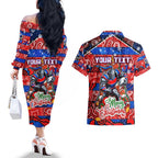 Custom Knights Rugby Merry Christmas Couples Matching Off The Shoulder Long Sleeve Dress and Hawaiian Shirt Indigenous Australian Art