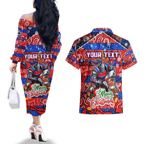 Custom Knights Rugby Merry Christmas Couples Matching Off The Shoulder Long Sleeve Dress and Hawaiian Shirt Indigenous Australian Art