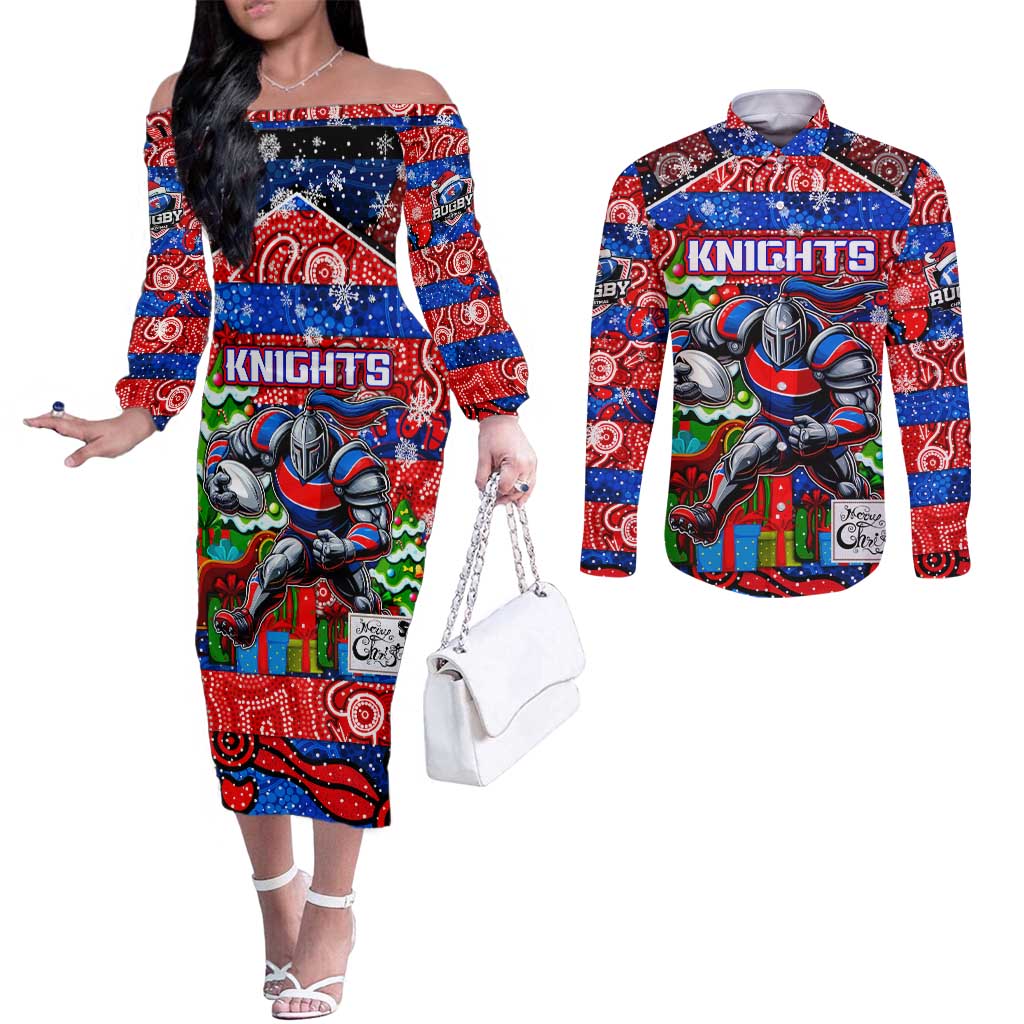 Custom Knights Rugby Merry Christmas Couples Matching Off The Shoulder Long Sleeve Dress and Long Sleeve Button Shirt Indigenous Australian Art