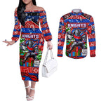 Custom Knights Rugby Merry Christmas Couples Matching Off The Shoulder Long Sleeve Dress and Long Sleeve Button Shirt Indigenous Australian Art