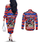 Custom Knights Rugby Merry Christmas Couples Matching Off The Shoulder Long Sleeve Dress and Long Sleeve Button Shirt Indigenous Australian Art