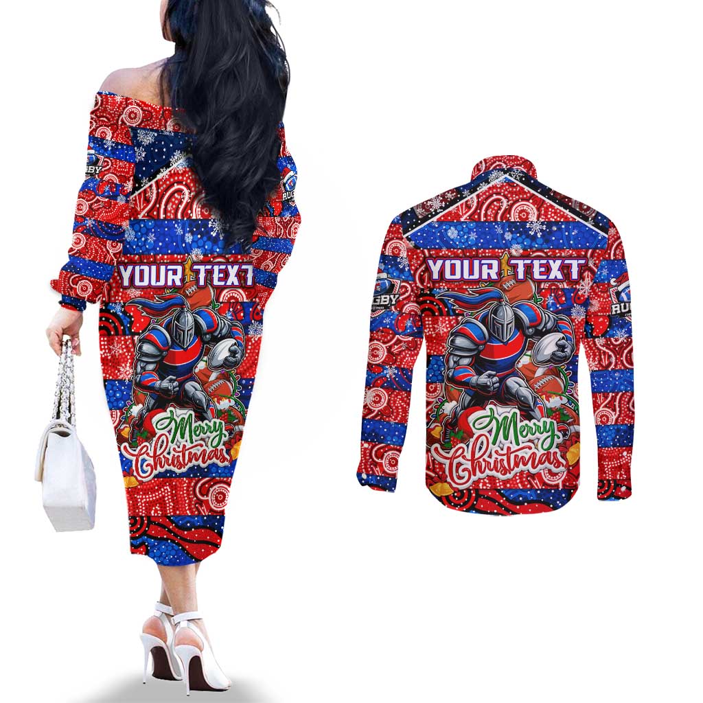 Custom Knights Rugby Merry Christmas Couples Matching Off The Shoulder Long Sleeve Dress and Long Sleeve Button Shirt Indigenous Australian Art