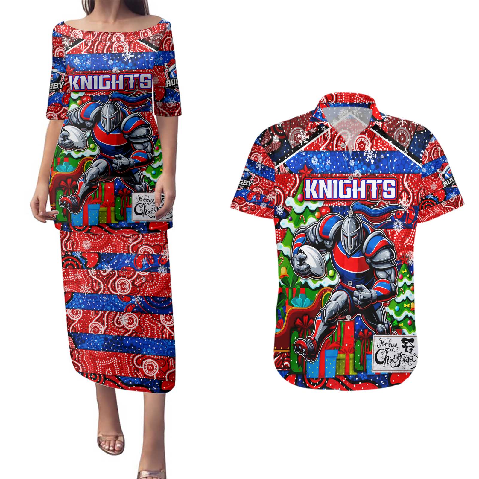 Custom Knights Rugby Merry Christmas Couples Matching Puletasi and Hawaiian Shirt Indigenous Australian Art