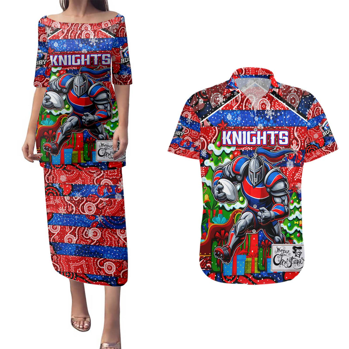 Custom Knights Rugby Merry Christmas Couples Matching Puletasi and Hawaiian Shirt Indigenous Australian Art