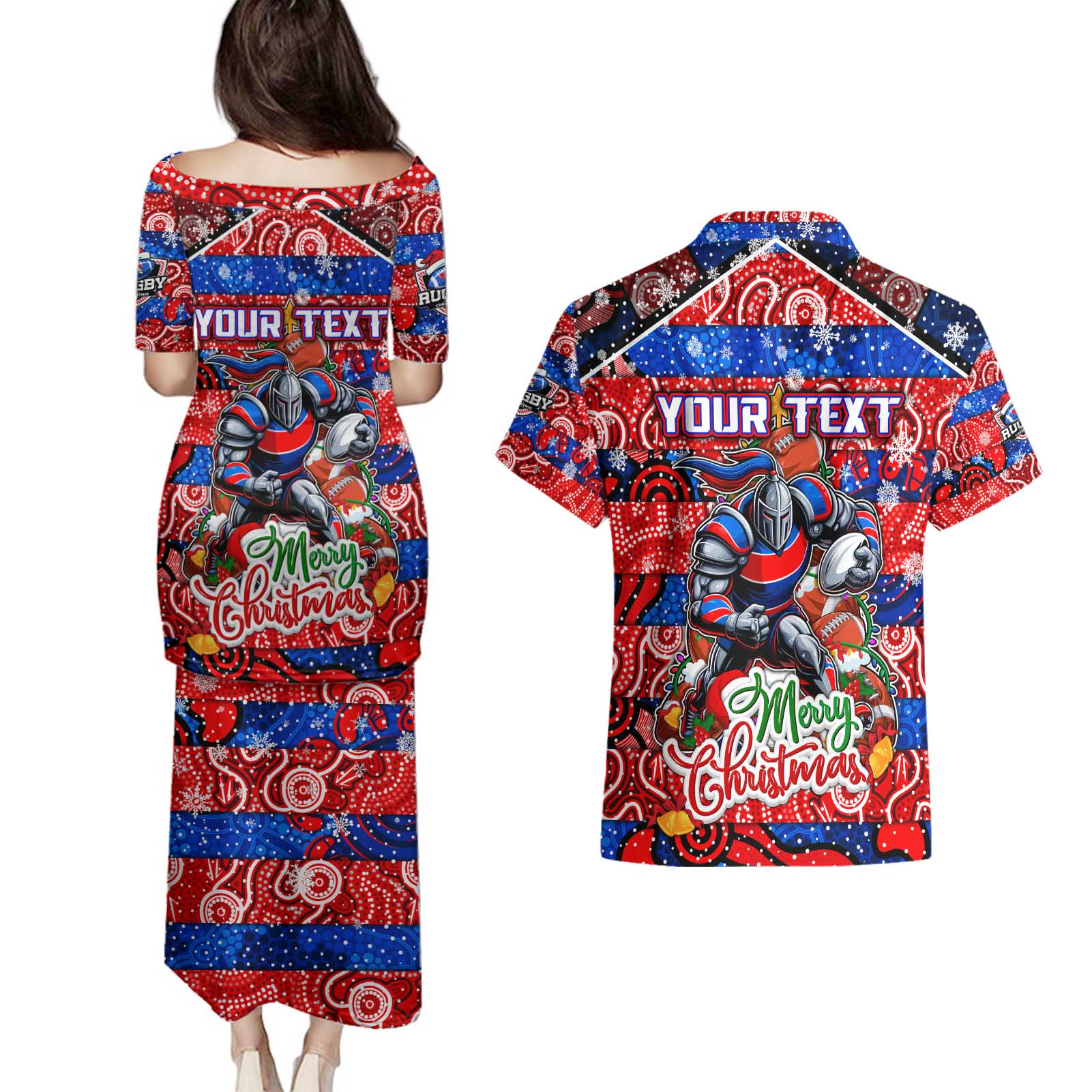 Custom Knights Rugby Merry Christmas Couples Matching Puletasi and Hawaiian Shirt Indigenous Australian Art