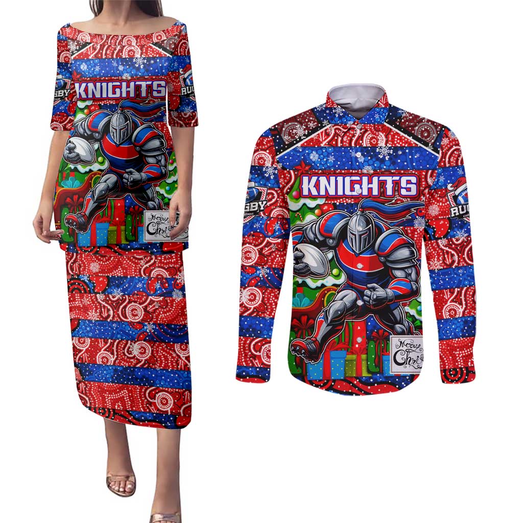 Custom Knights Rugby Merry Christmas Couples Matching Puletasi and Long Sleeve Button Shirt Indigenous Australian Art