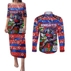 Custom Knights Rugby Merry Christmas Couples Matching Puletasi and Long Sleeve Button Shirt Indigenous Australian Art