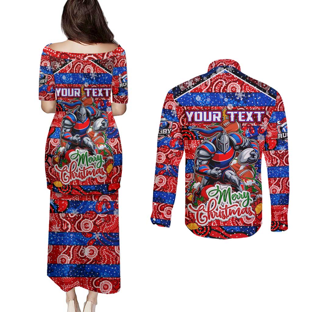 Custom Knights Rugby Merry Christmas Couples Matching Puletasi and Long Sleeve Button Shirt Indigenous Australian Art