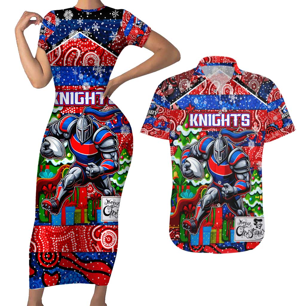 Custom Knights Rugby Merry Christmas Couples Matching Short Sleeve Bodycon Dress and Hawaiian Shirt Indigenous Australian Art