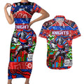Custom Knights Rugby Merry Christmas Couples Matching Short Sleeve Bodycon Dress and Hawaiian Shirt Indigenous Australian Art