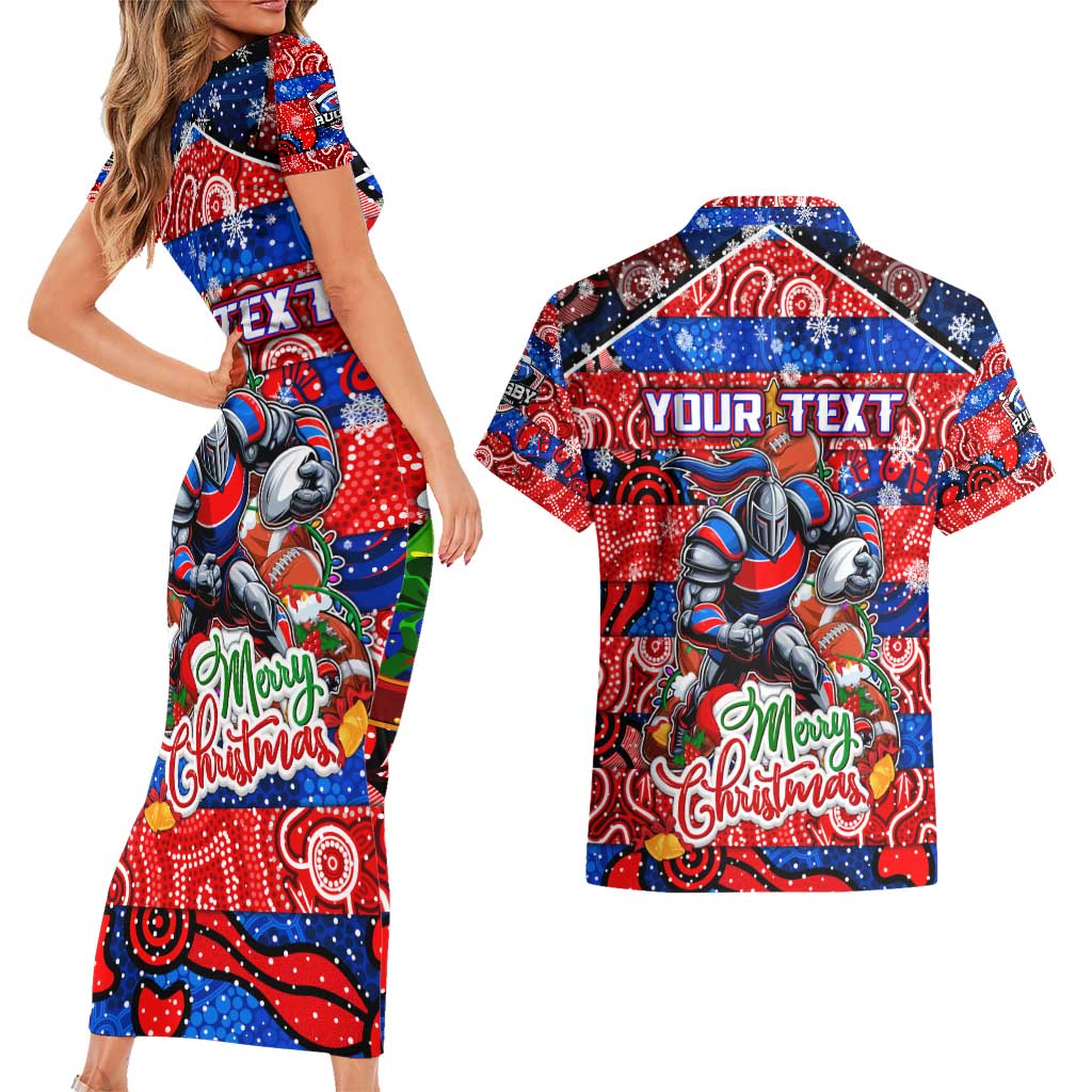 Custom Knights Rugby Merry Christmas Couples Matching Short Sleeve Bodycon Dress and Hawaiian Shirt Indigenous Australian Art