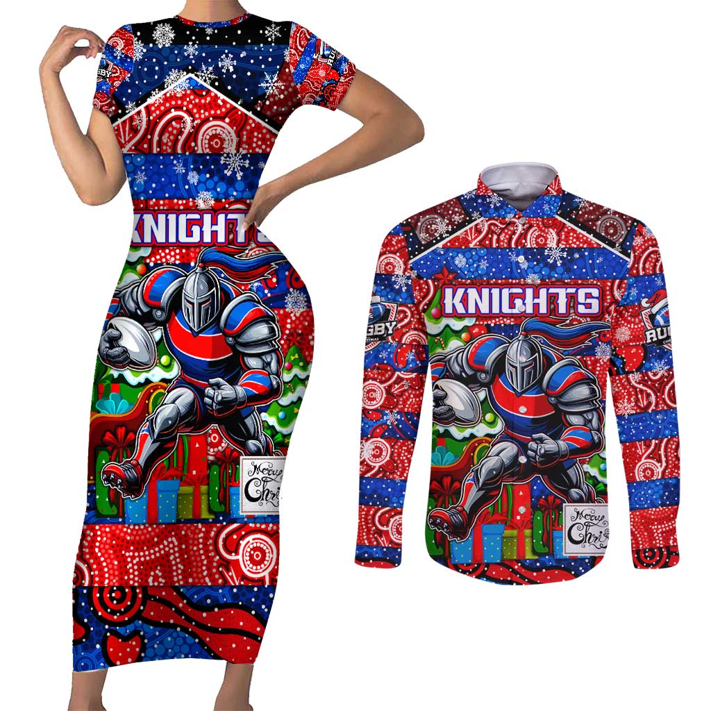 Custom Knights Rugby Merry Christmas Couples Matching Short Sleeve Bodycon Dress and Long Sleeve Button Shirt Indigenous Australian Art