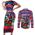 Custom Knights Rugby Merry Christmas Couples Matching Short Sleeve Bodycon Dress and Long Sleeve Button Shirt Indigenous Australian Art