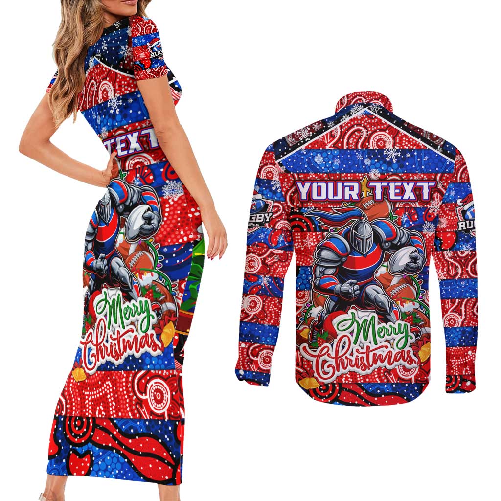 Custom Knights Rugby Merry Christmas Couples Matching Short Sleeve Bodycon Dress and Long Sleeve Button Shirt Indigenous Australian Art