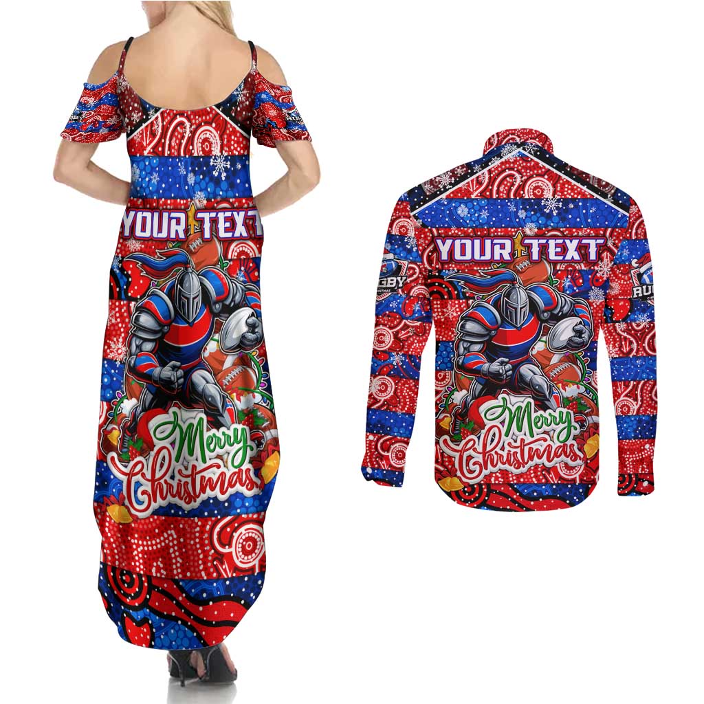 Custom Knights Rugby Merry Christmas Couples Matching Summer Maxi Dress and Long Sleeve Button Shirt Indigenous Australian Art