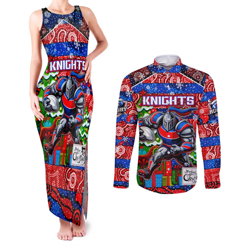 Custom Knights Rugby Merry Christmas Couples Matching Tank Maxi Dress and Long Sleeve Button Shirt Indigenous Australian Art
