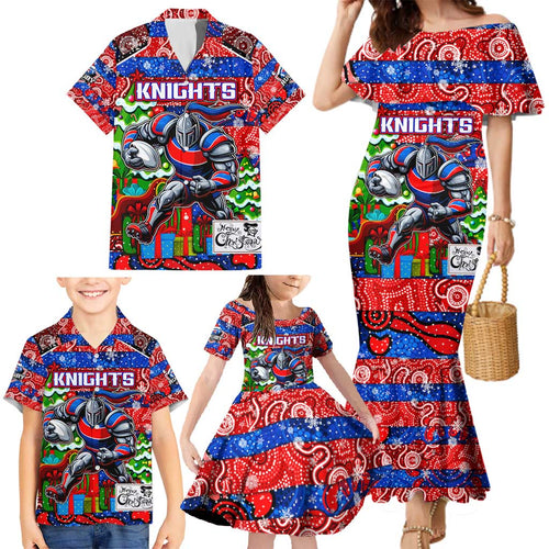 Custom Knights Rugby Merry Christmas Family Matching Mermaid Dress and Hawaiian Shirt Indigenous Australian Art
