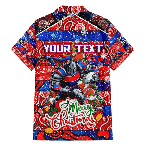 Custom Knights Rugby Merry Christmas Family Matching Off The Shoulder Long Sleeve Dress and Hawaiian Shirt Indigenous Australian Art