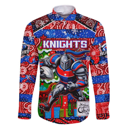 Custom Knights Rugby Merry Christmas Family Matching Off The Shoulder Long Sleeve Dress and Hawaiian Shirt Indigenous Australian Art
