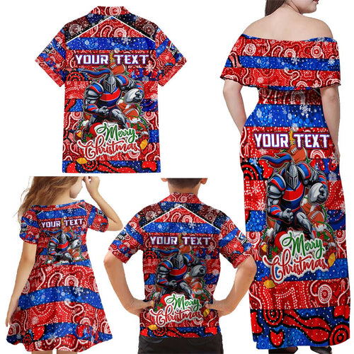 Custom Knights Rugby Merry Christmas Family Matching Off Shoulder Maxi Dress and Hawaiian Shirt Indigenous Australian Art