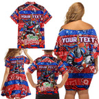 Custom Knights Rugby Merry Christmas Family Matching Off Shoulder Short Dress and Hawaiian Shirt Indigenous Australian Art