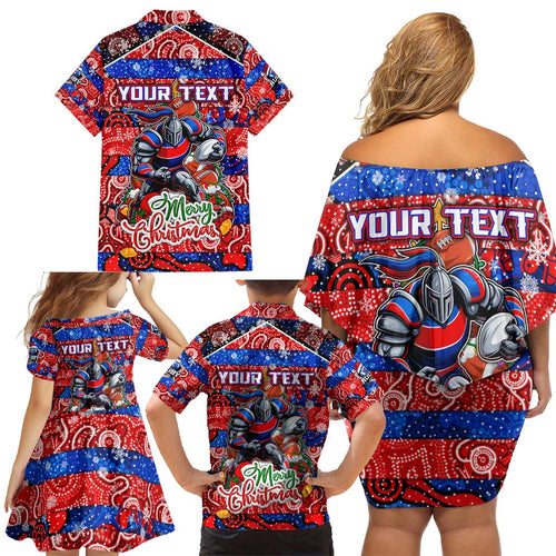Custom Knights Rugby Merry Christmas Family Matching Off Shoulder Short Dress and Hawaiian Shirt Indigenous Australian Art