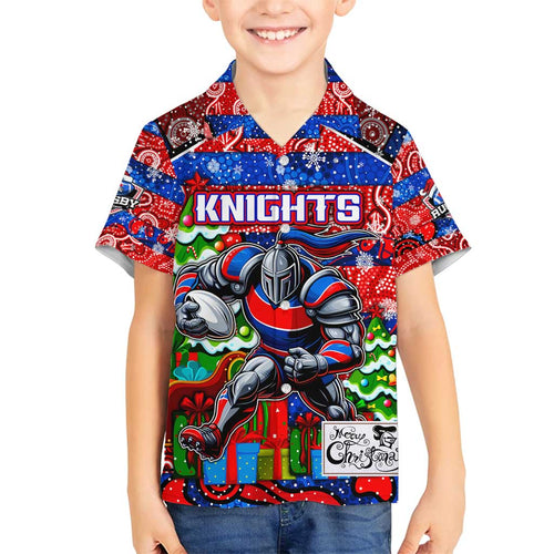 Custom Knights Rugby Merry Christmas Family Matching Off Shoulder Short Dress and Hawaiian Shirt Indigenous Australian Art